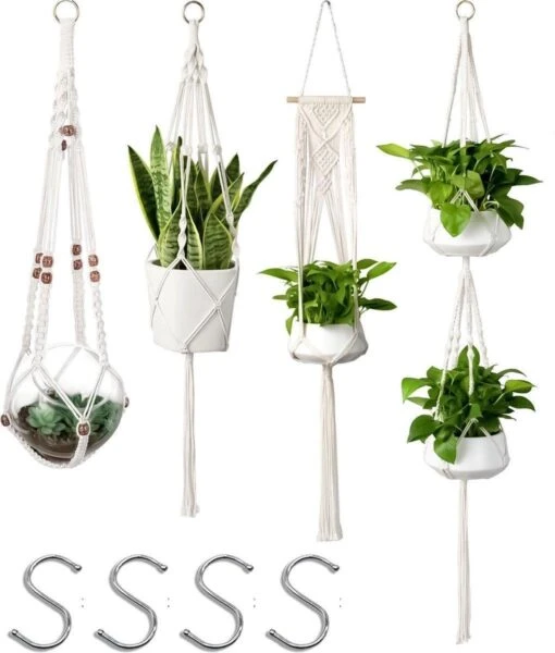 4 Stuks Plantenhangers - Boho Handgeweven Katoen Hangpot Voor Binnen/Buiten - Bloempot Met Kralen - Macramé Touw/Koord Hangplant Houder - Bohemian Wandhanger Decoratie - Verticale Tuin Plant Hanger Bloempothouder Planthanger Wit -Tuinwerk Verkoop 1020x1200 3