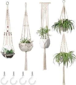 4 Stuks Plantenhangers - Boho Handgeweven Katoen Hangpot Voor Binnen/Buiten - Bloempot Met Kralen - Macramé Touw/Koord Hangplant Houder - Bohemian Wandhanger Decoratie - Verticale Tuin Plant Hanger Bloempothouder Planthanger Wit -Tuinwerk Verkoop 1068x1200 1