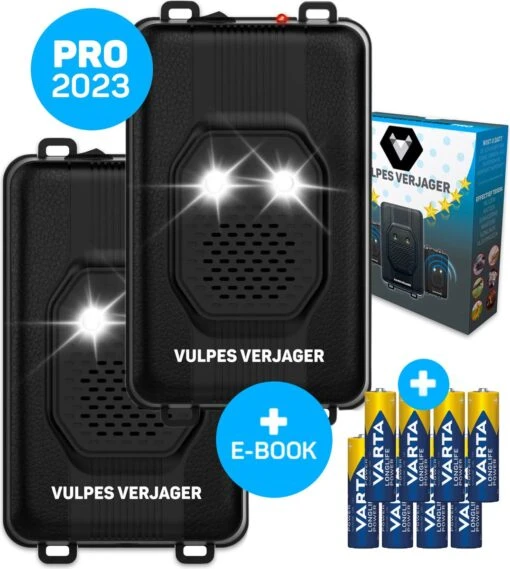 Vulpes Verjager® Marterverjager - Ongedierteverjager - Multifunctionele Set Binnen & Buiten - Batterijen, 12V & Auto Accu - Marters, Muizen & Ratten - Steenmarter Verjager PRO - 2 Stuks - Incl. E-book -Tuinwerk Verkoop