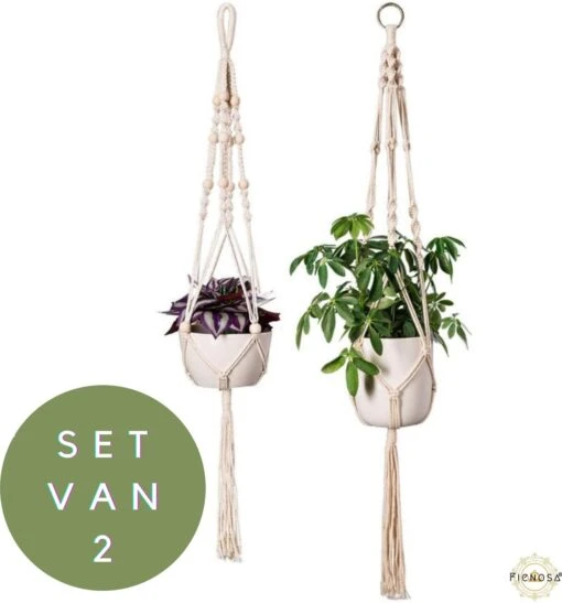 Plantenhanger - Plantenhanger Macrame - Set Van 2 - Wit - Knopen - Luxe Gevlochten Touw - Met Ophang Haken - Fienosa -Tuinwerk Verkoop 1118x1200 3