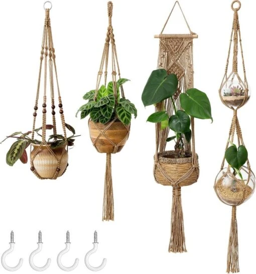 4 Stuks Plantenhangers - Boho Handgeweven Katoen Hangpot Voor Binnen/Buiten - Bloempot Met Kralen - Macramé Touw/Koord Hangplant Houder - Bohemian Wandhanger Decoratie - Verticale Tuin Plant Hanger Bloempothouder Planthanger -Tuinwerk Verkoop 1121x1200 1