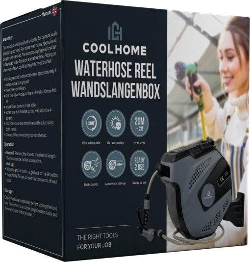 CoolHome - Wandslangenbox 20 Meter + 2 Meter - Tuinslang Met Haspel- Slangenhouder 180° Draaibaar - Tuinslanghaspel Zwart - Grijs -Tuinwerk Verkoop 1146x1200 1