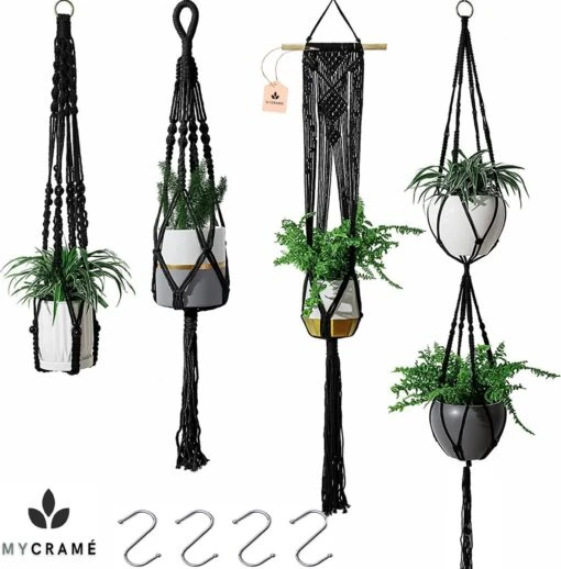 4 Stuks Luxe Macrame Plantenhangers - Boho Handgeweven Katoen Hangpot Voor Binnen/Buiten - Hangende Bloempot Met Kralen - Macramé Touw/Koord Hangplant Houder - Bohemian Wandhanger Decoratie - Plant Hanger - Verticale Tuin Bloempothouder Planthanger -Tuinwerk Verkoop 1181x1200 2