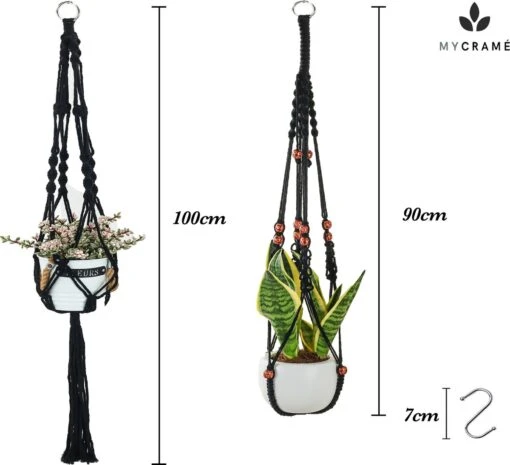 4 Stuks Zwarte Macrame Plantenhangers - Boho Handgeweven Katoen Hangpot Voor Binnen/Buiten - Hangende Bloempot Met Kralen - Macramé Touw/Koord Hangplant Houder - Bohemian Wandhanger Decoratie - Plant Hanger - Verticale Tuin Bloempothouder Planthanger -Tuinwerk Verkoop