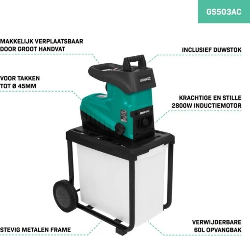 VONROC Stille Hakselaar/Shredder 2800W – Voor Takken Tot Ø45mm – Incl. 60L Opvangbak & Duwstok -Tuinwerk Verkoop 1200x1134 1