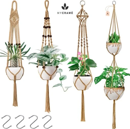 4 Stuks Luxe Jute Plantenhangers - Boho Handgeweven Katoen Hangpot Voor Binnen/Buiten - Hangende Bloempot Met Kralen - Macramé Touw/Koord Hangplant Houder - Bohemian Wandhanger Decoratie - Plant Hanger - Verticale Tuin Bloempothouder Planthanger -Tuinwerk Verkoop 1200x1191 2