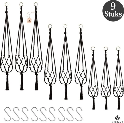 9 Stuks Zwart Macrame Plantenhangers - Boho Handgeweven Katoen Hangpot Voor Binnen/Buiten - Hangende Bloempot Met Kralen - Macramé Touw/Koord Hangplant Houder - Bohemian Wandhanger Decoratie - Plant Hanger - Verticale Tuin Bloempothouder Planthanger -Tuinwerk Verkoop 1200x1191 3