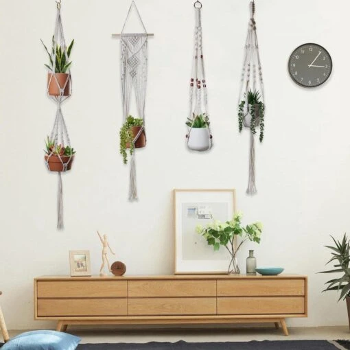 4 Stuks Plantenhangers - Boho Handgeweven Katoen Hangpot Voor Binnen/Buiten - Bloempot Met Kralen - Macramé Touw/Koord Hangplant Houder - Bohemian Wandhanger Decoratie - Verticale Tuin Plant Hanger Bloempothouder Planthanger Wit -Tuinwerk Verkoop 1200x1200 713