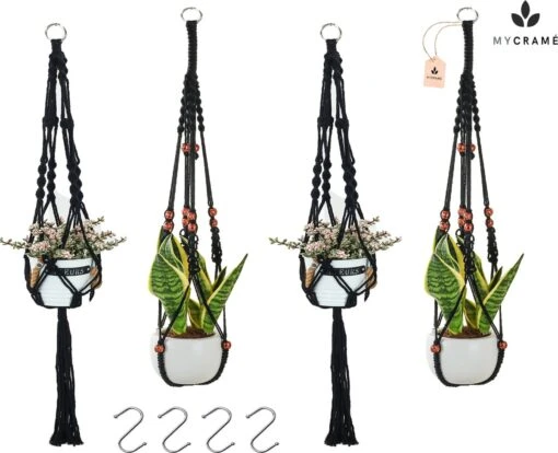 4 Stuks Zwarte Macrame Plantenhangers - Boho Handgeweven Katoen Hangpot Voor Binnen/Buiten - Hangende Bloempot Met Kralen - Macramé Touw/Koord Hangplant Houder - Bohemian Wandhanger Decoratie - Plant Hanger - Verticale Tuin Bloempothouder Planthanger -Tuinwerk Verkoop 1200x975 1