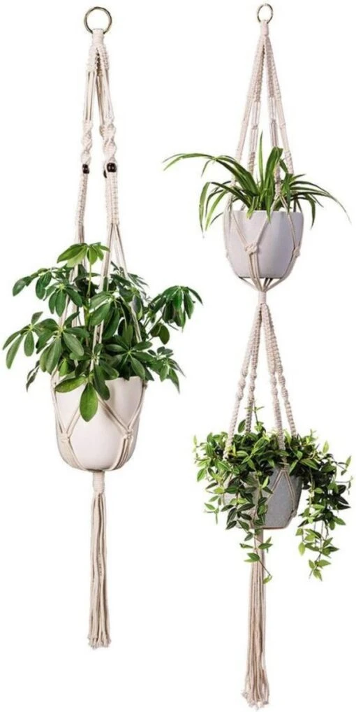 Plantenhanger Macrame Set Van 2 - Plantenhanger Met Ruimte Voor 3 Potten - Luxe Gevlochten Touw 100% Katoen - Duurzaam - Plantenbakken - Bloempotten - Macramé Stijl Hanger Voor Bloempotten - Hangpot - Fienosa -Tuinwerk Verkoop 601x1200 2