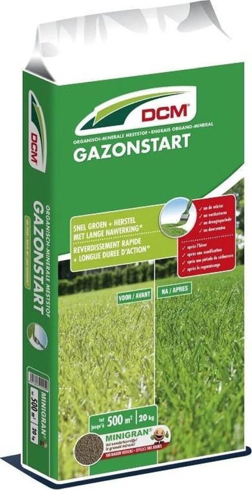 DCM Gazonstart - Gazonmest - Herstelt En Geeft Diepgroene Kleur - Gazonmeststof Met MINIGRAN® Technology - 500m2 - 20 Kg -Tuinwerk Verkoop 619x1200 1