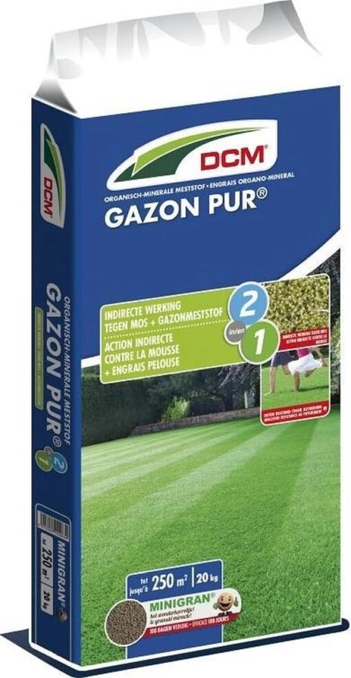 DCM Gazon Pur® - Gazonmest - Diepgroen Gazon Zonder Mos - Gazonmeststof Met MINIGRAN® Technology - 250m2 - 20 Kg -Tuinwerk Verkoop