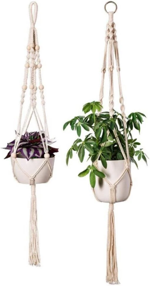 Plantenhanger - Plantenhanger Macrame - Set Van 2 - Wit - Knopen - Luxe Gevlochten Touw - Met Ophang Haken - Fienosa -Tuinwerk Verkoop 632x1200 2