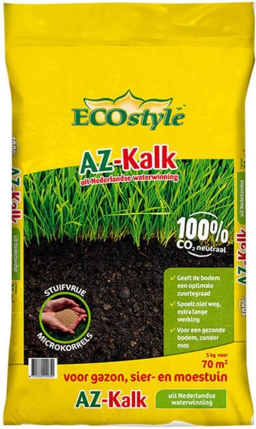 ECOstyle AZ Kalk Micro Korrel – Voor Gazon, Sier- En Moestuin - Corrigeert Zuurgraad Direct En Langdurig - Werkt Tegen Mos - CO2-Neutraal – 265 M² - 20 KG -Tuinwerk Verkoop 717x1200 2