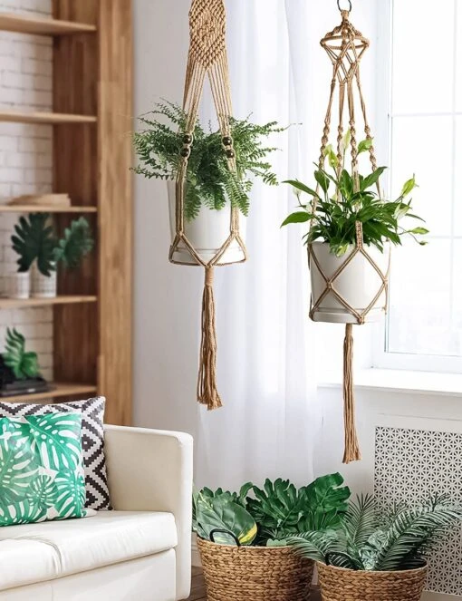 4 Stuks Luxe Jute Plantenhangers - Boho Handgeweven Katoen Hangpot Voor Binnen/Buiten - Hangende Bloempot Met Kralen - Macramé Touw/Koord Hangplant Houder - Bohemian Wandhanger Decoratie - Plant Hanger - Verticale Tuin Bloempothouder Planthanger -Tuinwerk Verkoop