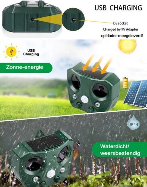 Merkloos Kattenverjager - Diervriendelijke Ultrasone Dierenverjager Op Zonne Energie - Waterbestendig - Katten Verjager - Vogelverjager - Inclusief Lader - Vogelverjager - Ongedierteverjager - Tuin - Katten - Honden - Vogelverjager -Tuinwerk Verkoop 945x1200 1