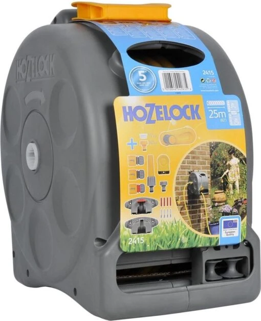 Hozelock Compact Enclosed Reel 2 In 1 - 25 Meter - Slangbox En Muurhaspel In één - Grijs -Tuinwerk Verkoop